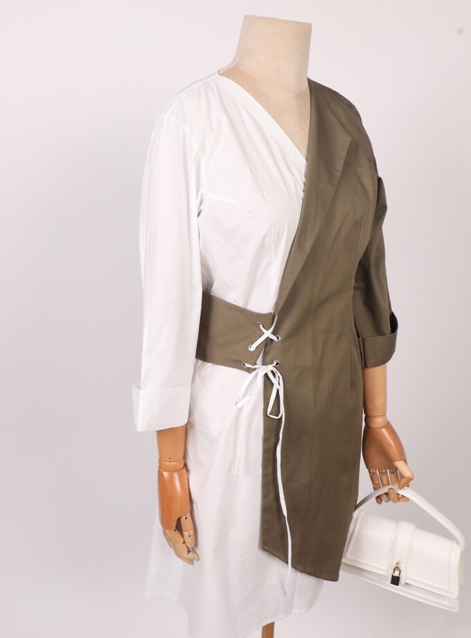 olive and white tie dress