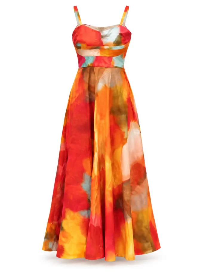 Almond water print glaze cotton pleated yoke singlet gown shown alone on an invisible mannequin
