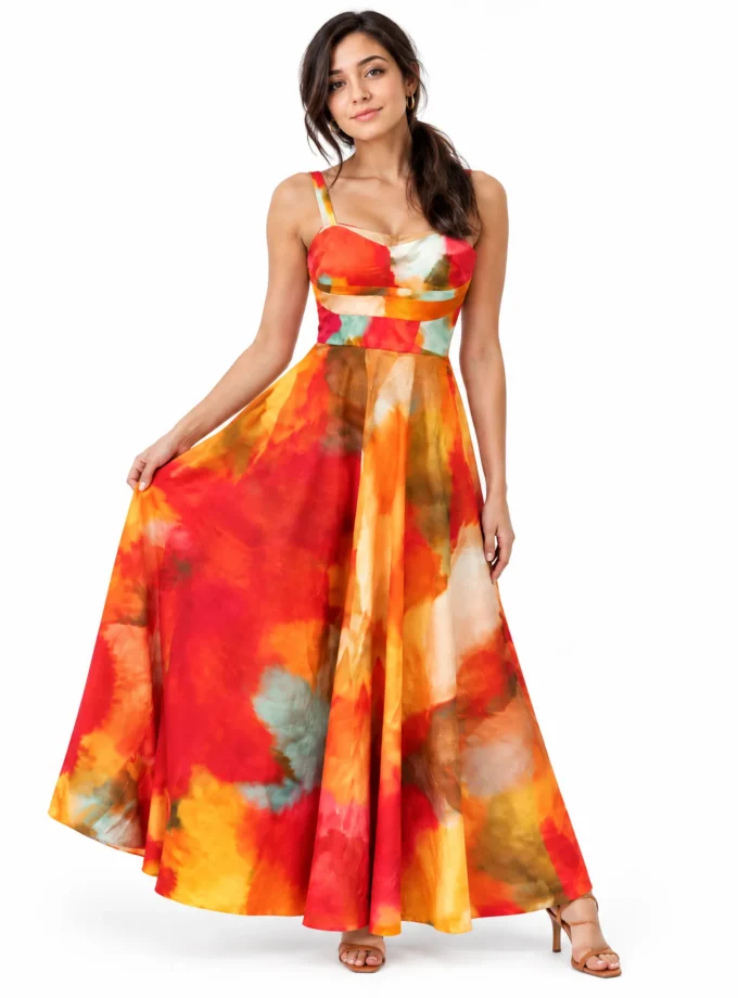 Almond — model wearing the water print glaze cotton pleated yoke singlet gown