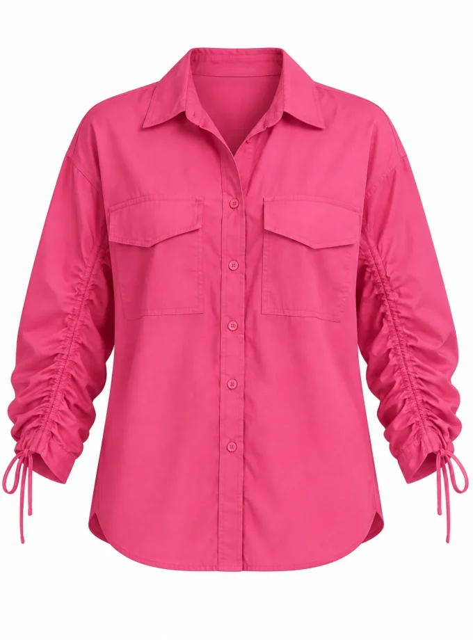 Alora fuchsia pink drawstring sleeve shirt shown alone on an invisible mannequin, with chest flap pockets and drawstring-tied cuffs