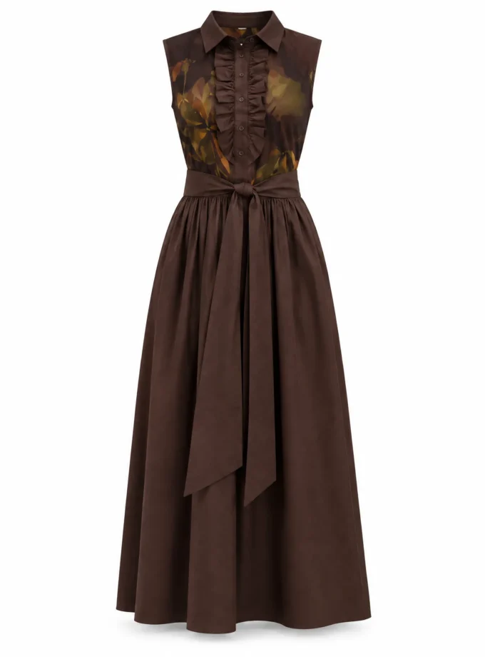 Aliara coffee cotton gathered yoke maxi dress with old rose printed yoke and ruffles shown alone on an invisible mannequin
