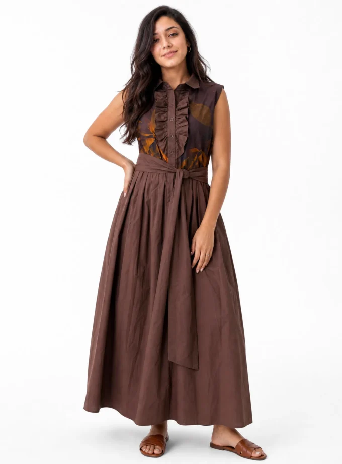 Aliara — model wearing the coffee cotton gathered yoke maxi dress with old rose printed yoke and ruffles