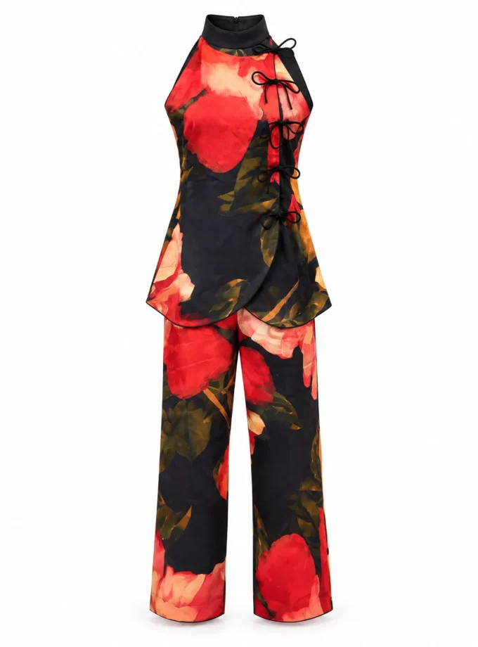 Althea old rose print glaze cotton halter neck top with bows and old rose print straight fit pants shown together on an invisible mannequin