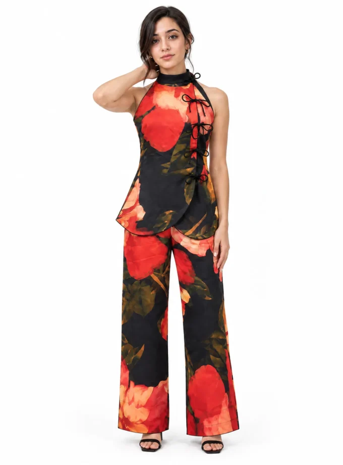 Althea — model wearing the old rose print glaze cotton halter neck top with bows and the old rose print straight fit pants