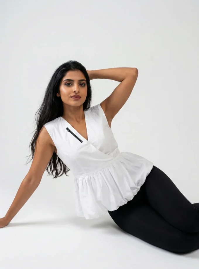 Amara Top - white cotton yoke balloon top with black zipper neckline, full look