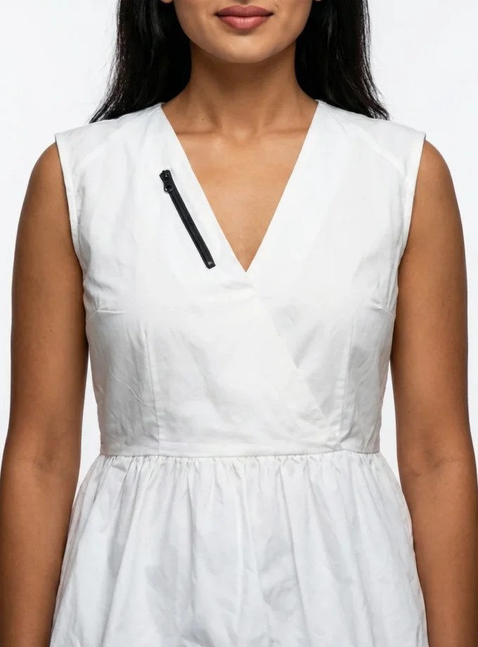 Amara Top - close-up of the black zipper detail on the neckline and balloon gathering