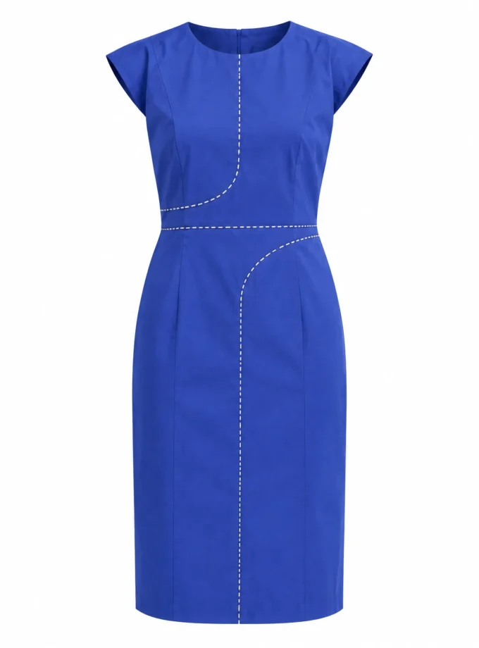 Anika electric blue straight fit panel dress with faux sleeves shown alone on an invisible mannequin