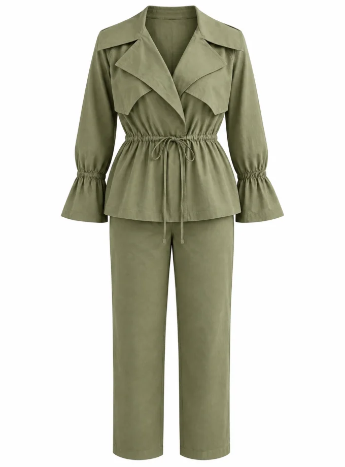 Anouk military green flap collar top and straight fit pant shown together on an invisible mannequin