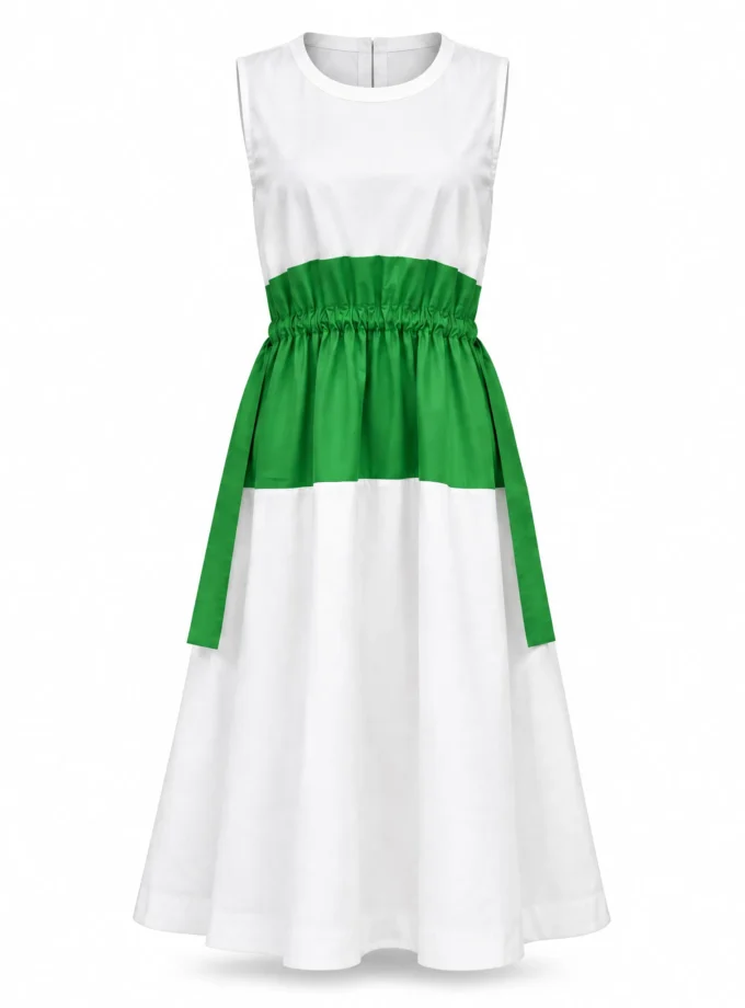 Anora white cotton drawstring dress with a green cotton patch shown alone on an invisible mannequin
