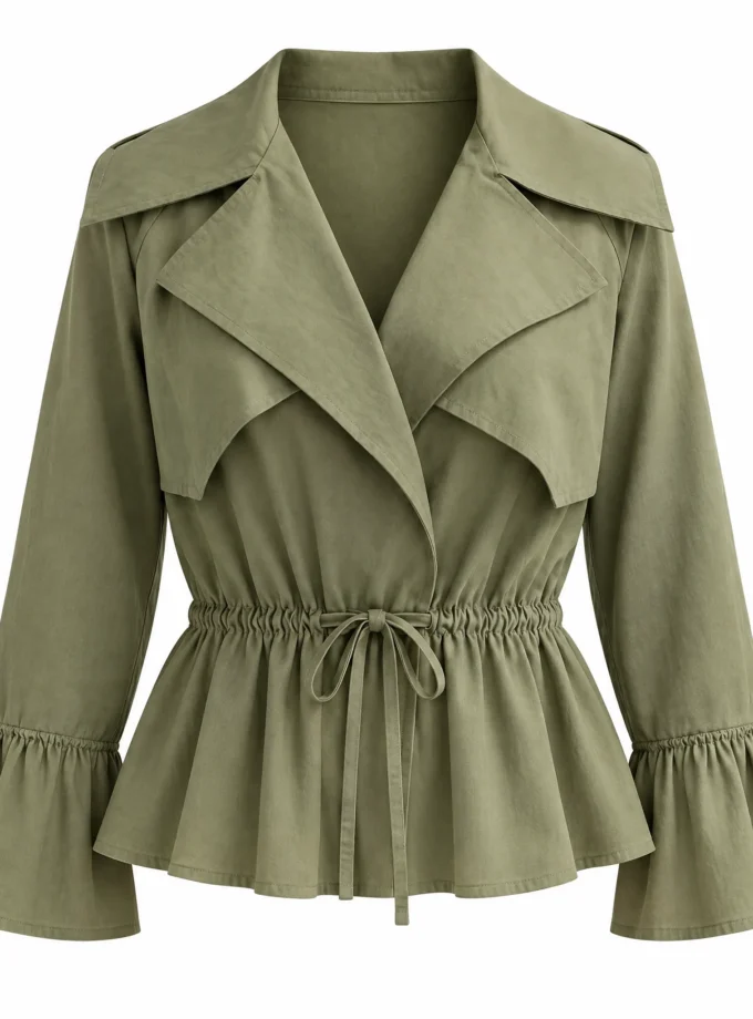 Anouk military green statement neck top with an overlapping flap collar and drawstring yoke shown alone on an invisible mannequin