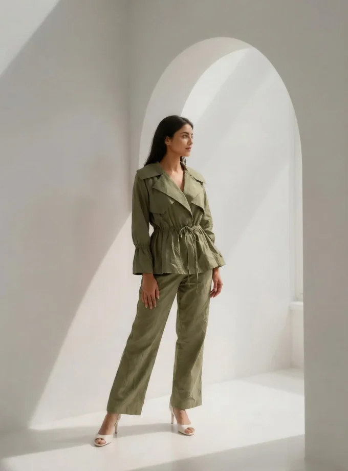 Anouk — model wearing the military green statement neck top with an overlapping flap collar and drawstring yoke paired with the military green straight fit pant