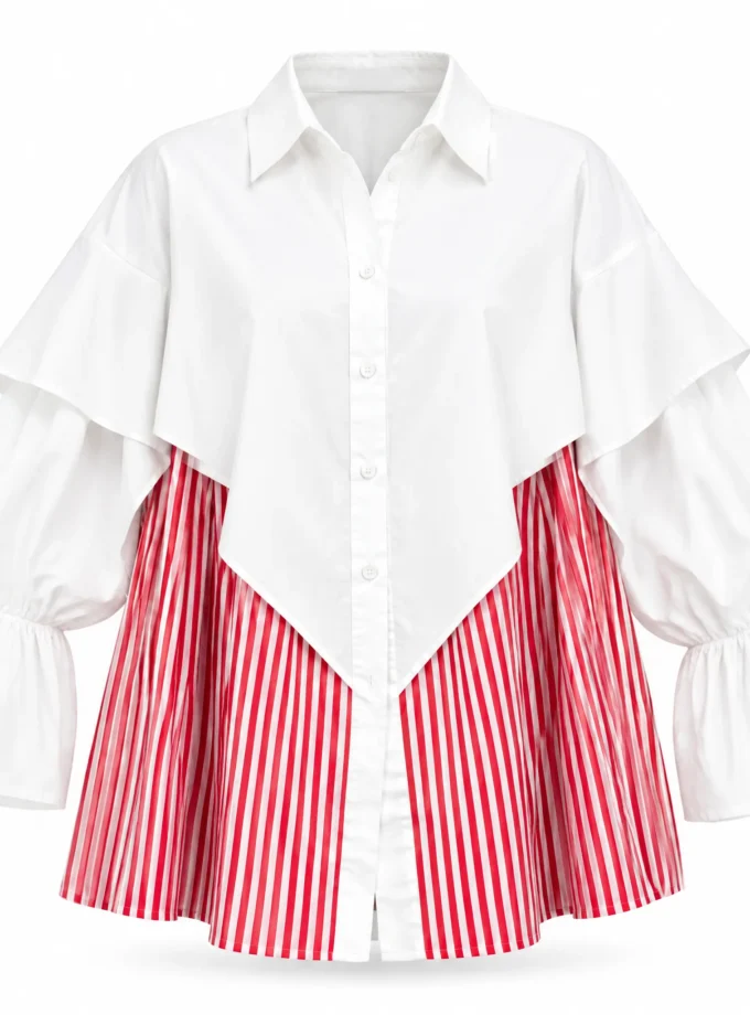 Ara white and red stripe cotton butterfly shirt with cape sleeves shown alone on an invisible mannequin
