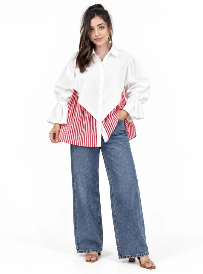 Ara — model wearing the white and red stripe cotton butterfly shirt with cape sleeves