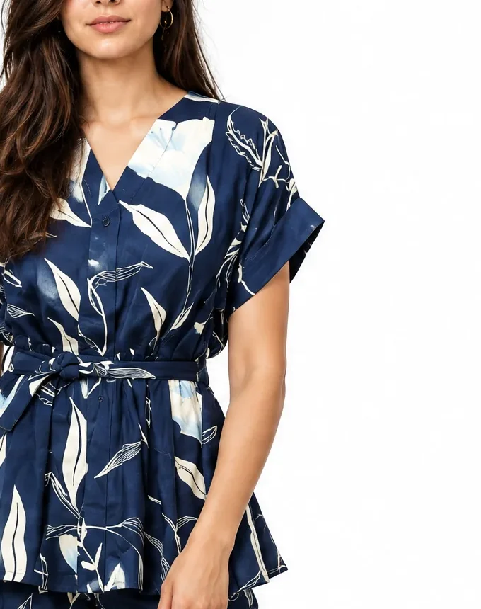 Arlette blue forest print glaze cotton pleated sleeve top shown alone