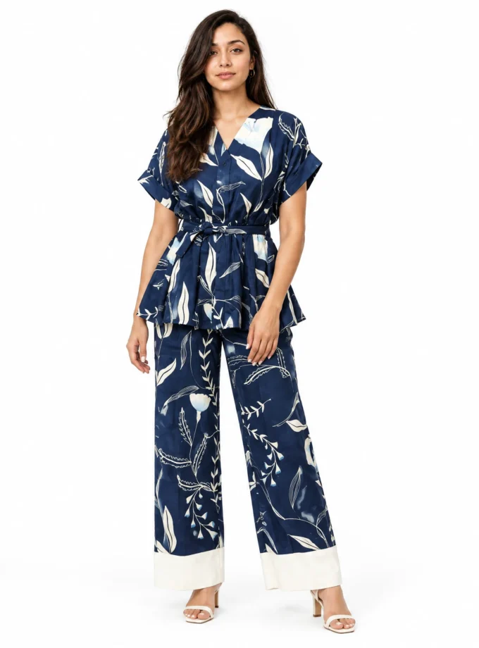 Arlette - model wearing the blue forest print pleated sleeve top and the blue forest cotton straight fit pant
