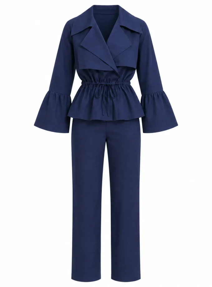 Arwen navy flap collar top and straight fit pant shown together on an invisible mannequin