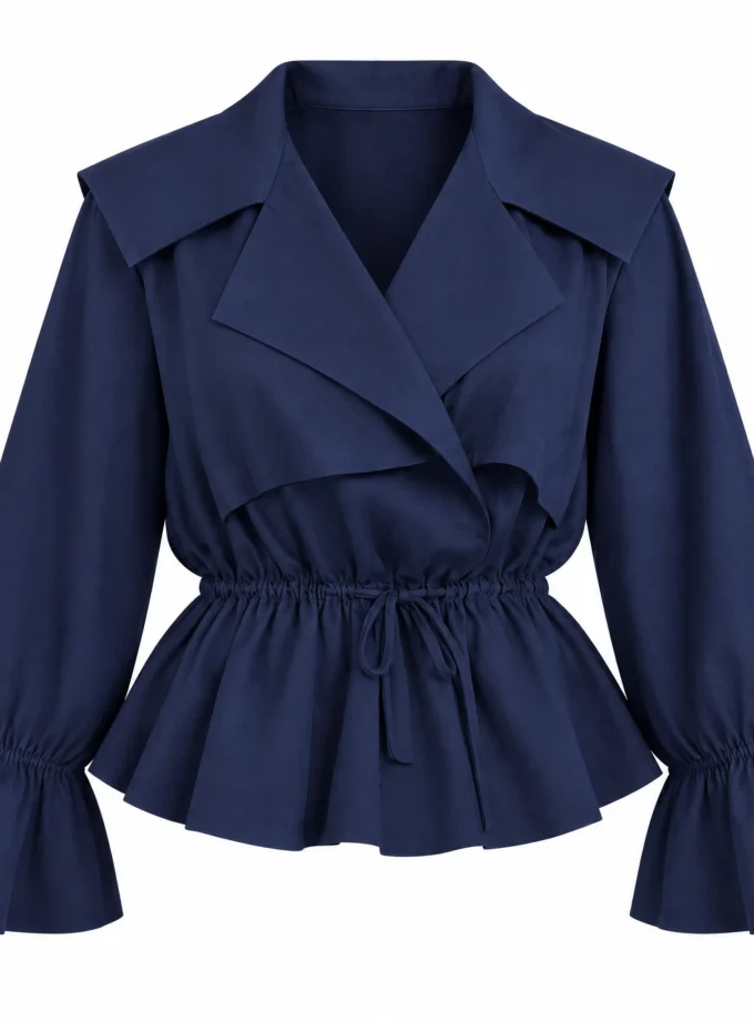 Arwen navy statement neck top with an overlapping flap collar and drawstring yoke shown alone on an invisible mannequin