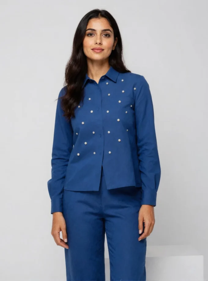 Aster front — model wearing the light blue denim co-ord, shirt with rhinestone attachment and matching barrel fit pant