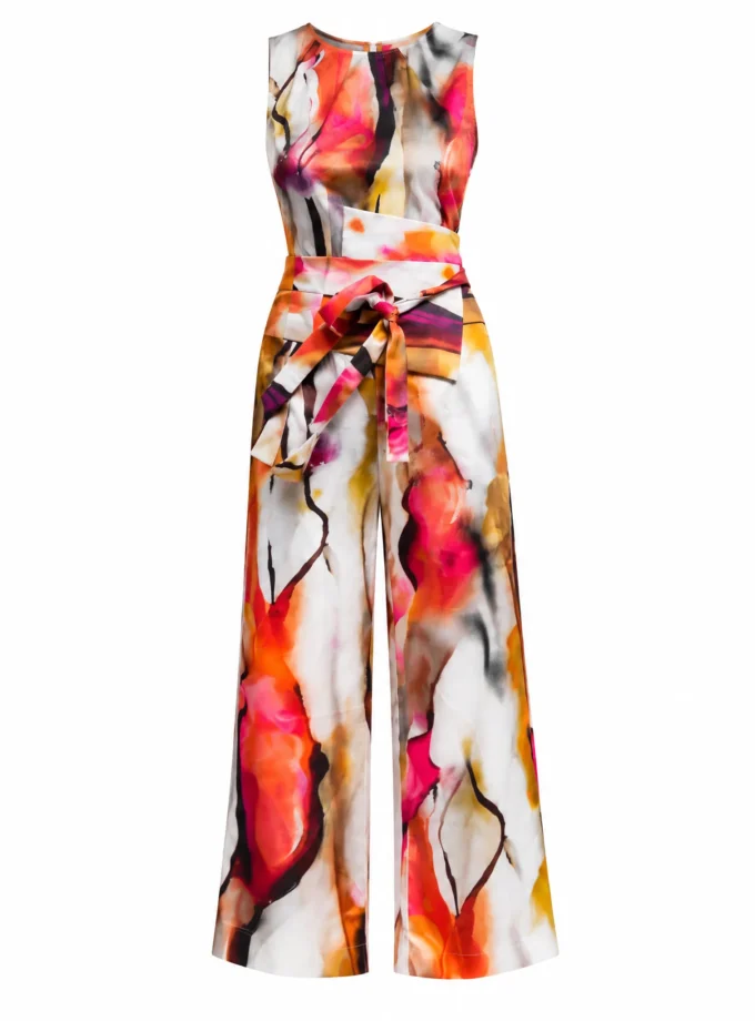 Aura vertical print glaze cotton sleeveless jumpsuit with corset double belt shown on an invisible mannequin