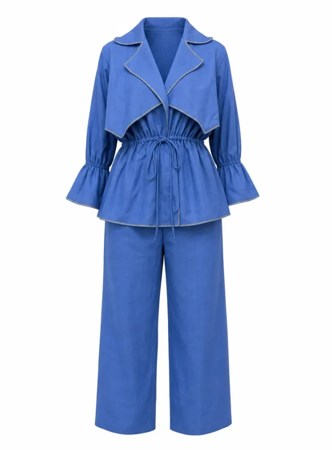 Aurette blue flap collar top and straight fit pant shown together as a product shot