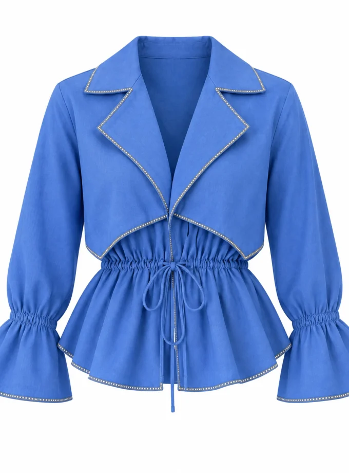 Aurette blue statement neck top with an overlapping flap collar and drawstring yoke shown alone on an invisible mannequin