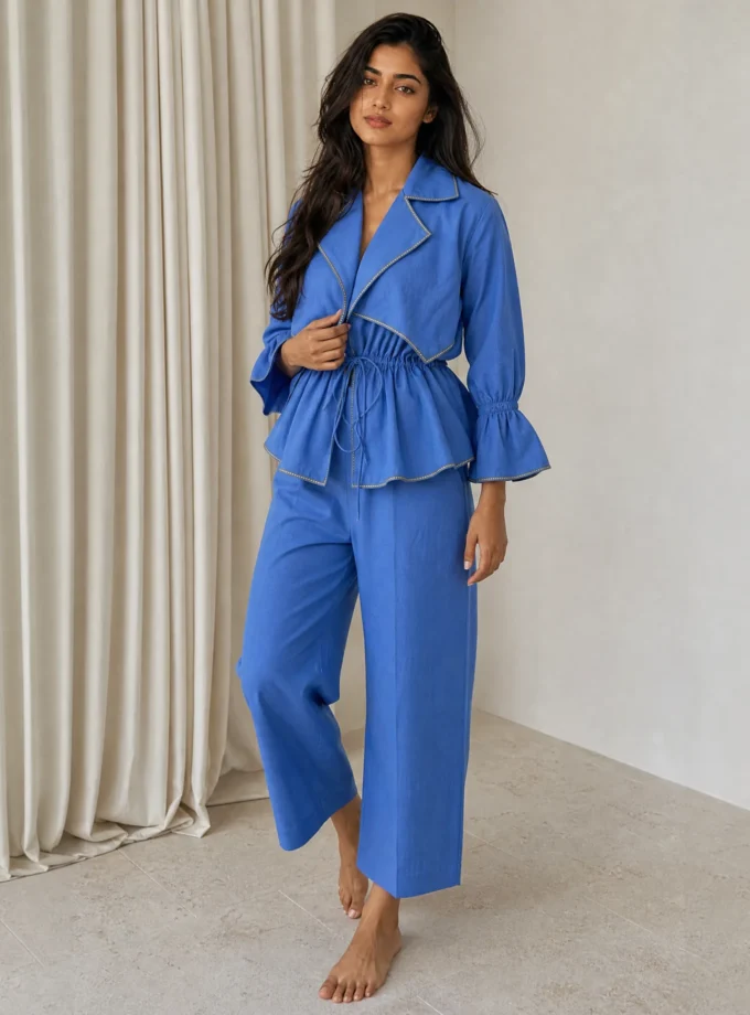 Aurette — model wearing the blue statement neck top with an overlapping flap collar and drawstring yoke paired with the blue straight fit pant