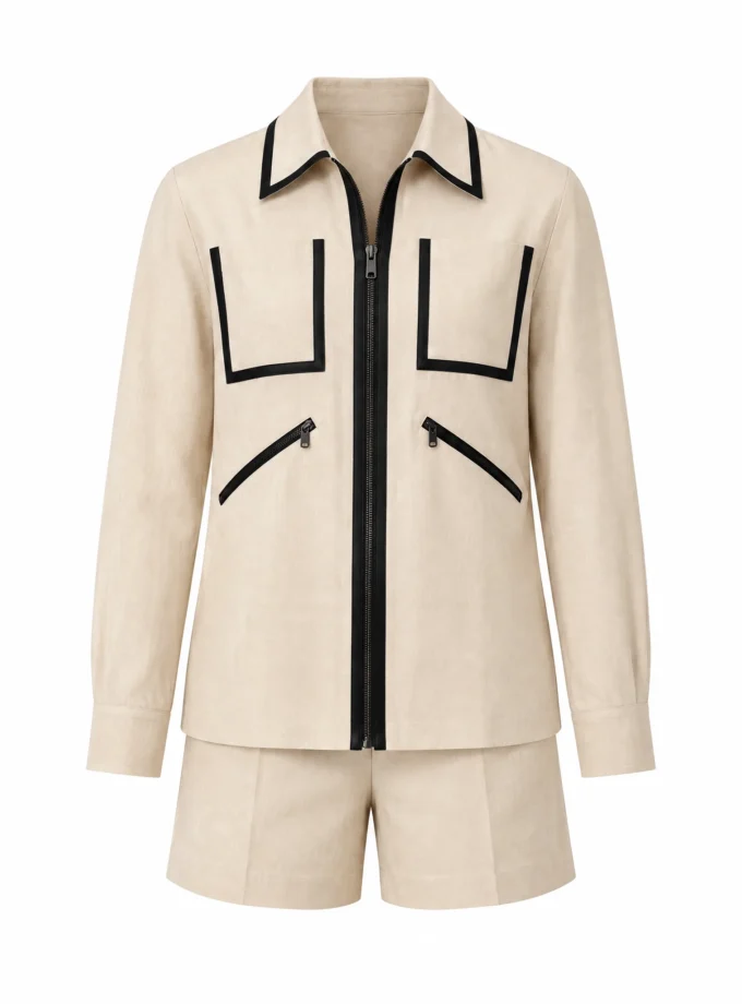 Avaline light beige h-loom zipper shirt and shorts shown together on an invisible mannequin