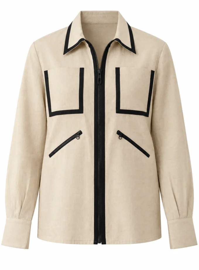 Avaline light beige h-loom zipper shirt with black detailing shown alone on an invisible mannequin