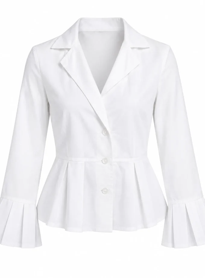 Avani white cotton pleat blazer shirt shown alone on an invisible mannequin, with lapel collar, flared pleated waist panel and pleated bell cuffs
