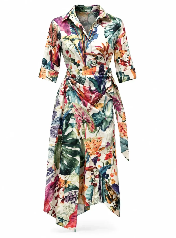 Berryblush multi print glaze cotton tie up straight fit dress shown alone on an invisible mannequin