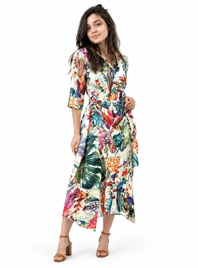 Berryblush — model wearing the multi print glaze cotton tie up straight fit dress