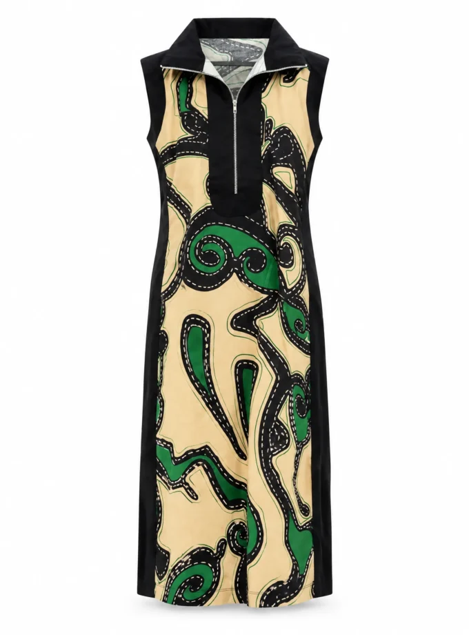 Bellamy abstract print glaze cotton zip up dress with black cotton neck highlight shown alone on an invisible mannequin