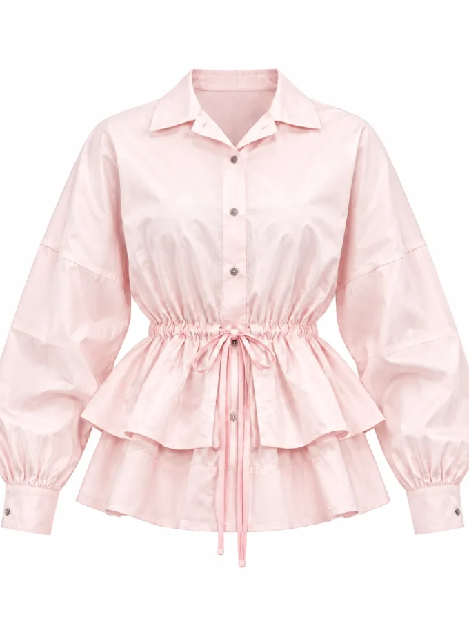 Belle light pink linen dual flare shirt shown alone on an invisible mannequin