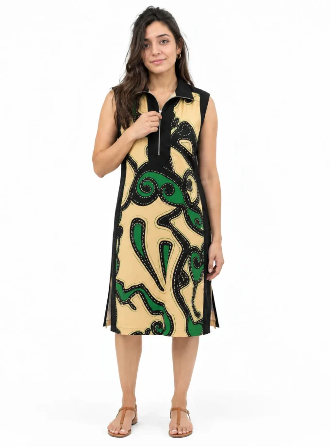 Bellamy - model wearing the abstract print glaze cotton zip up dress with black cotton neck highlight