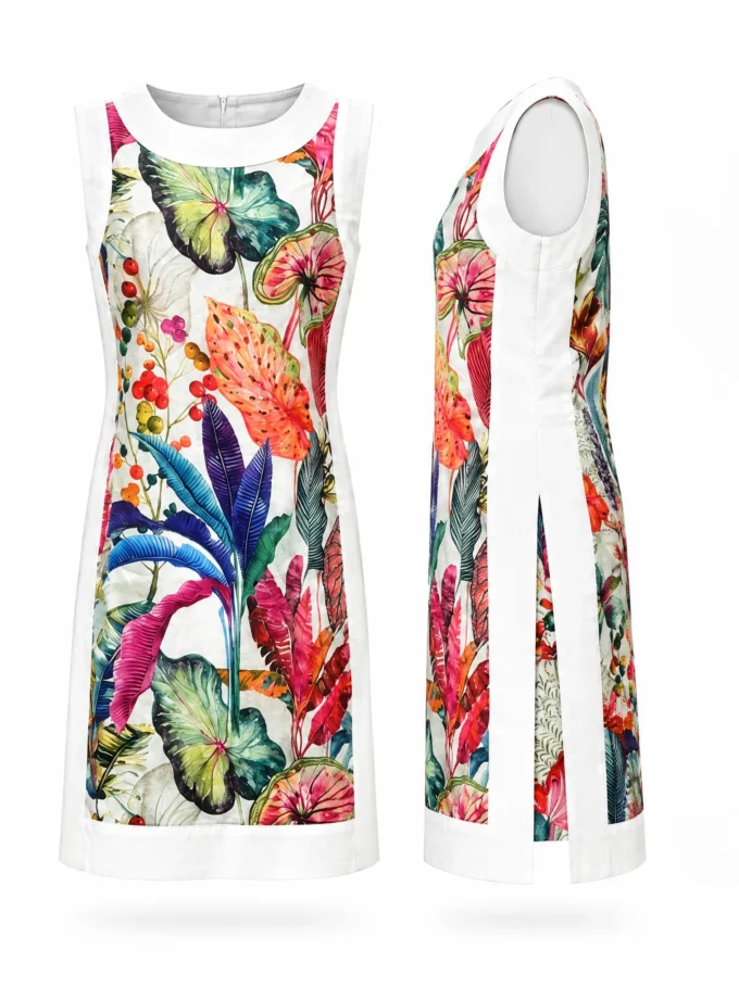 Berry multi print glaze cotton dual dress with white cotton frame sleeveless shown alone on an invisible mannequin