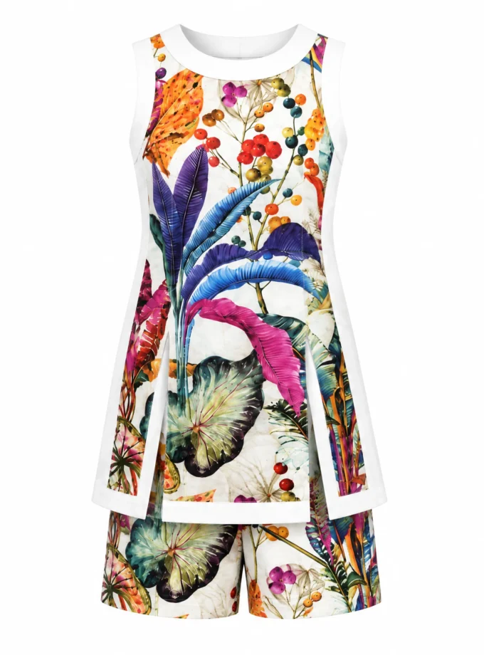 Berry multi print glaze cotton dual long slit top with the matching multi print shorts shown together on an invisible mannequin
