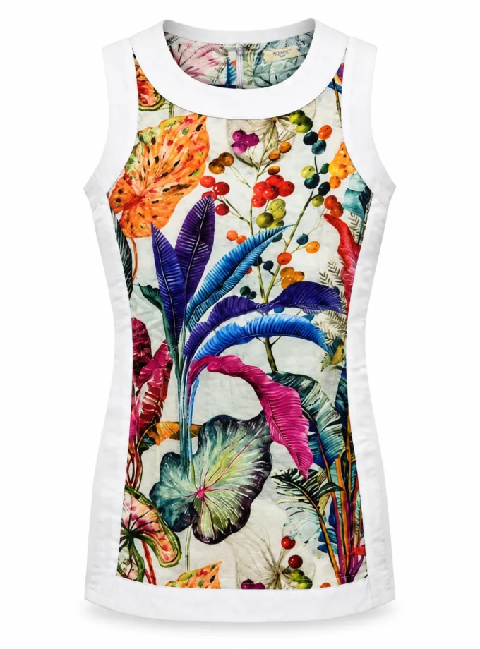 Berry multi print glaze cotton dual long slit top shown alone on an invisible mannequin