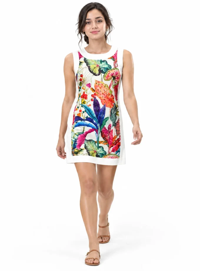 Berry — model wearing the multi print glaze cotton dual dress with white cotton frame sleeveless