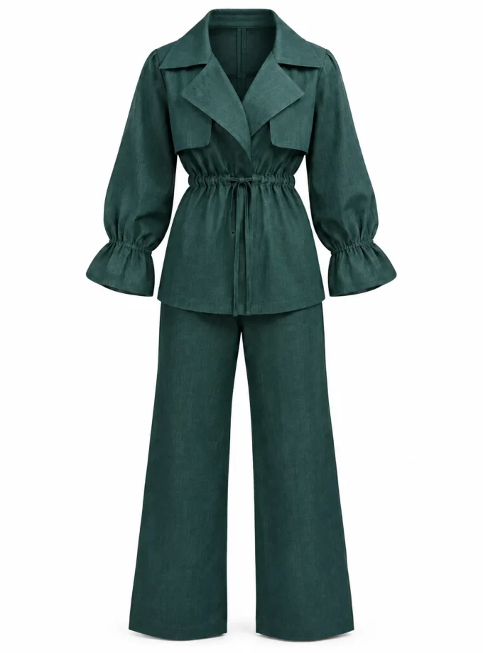 Bianca denim green statement neck overlap flap collar top and denim green straight fit pant shown together on an invisible mannequin