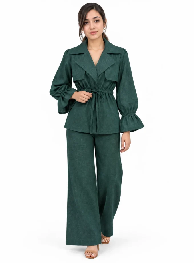 Bianca - model wearing the denim green statement neck overlap flap collar drawstring yoke top and the denim green straight fit pant