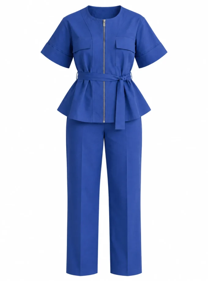 Bliss cobalt blue cotton zipper shirt with fabric tie up and cobalt blue straight fit pant shown together on an invisible mannequin