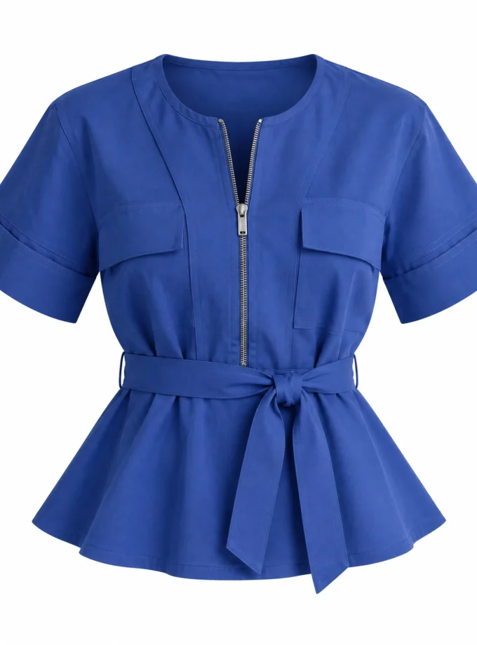 Bliss cobalt blue cotton zipper shirt with a fabric tie up shown alone on an invisible mannequin