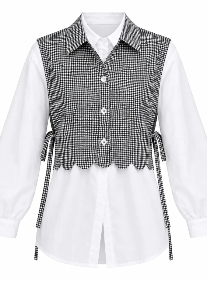 Breeze white round neck button down shirt worn with the black and white houndstooth print bib shown together on an invisible mannequin