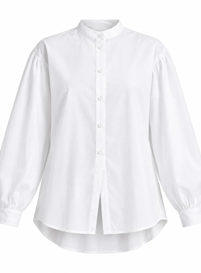 Breeze white cotton shirt with a low stand collar, buttoned placket and full length buttoned-cuff sleeves shown alone on an invisible mannequin