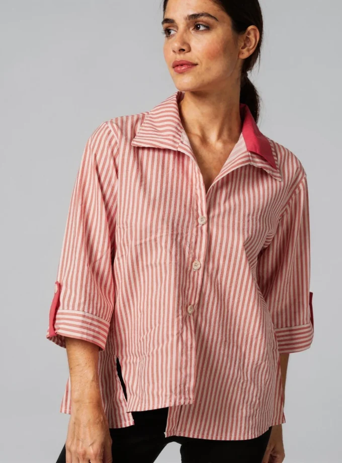 Brio — model wearing the red stripe cotton double collar shirt
