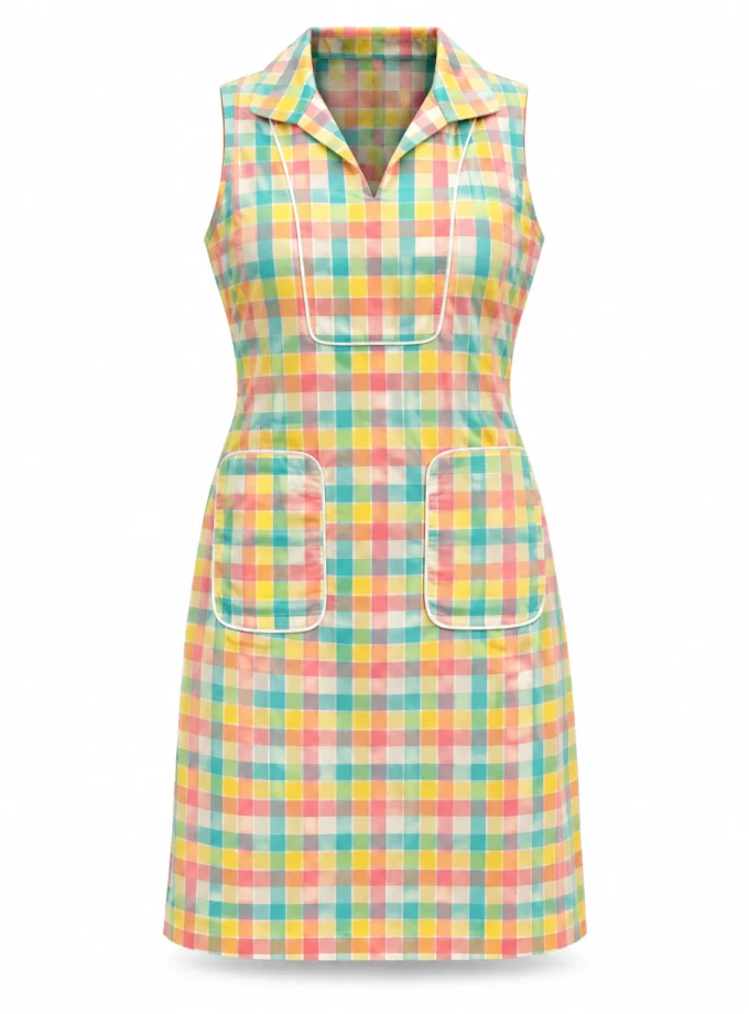 Bronze checkered print cotton shirt dress mini shown alone on an invisible mannequin
