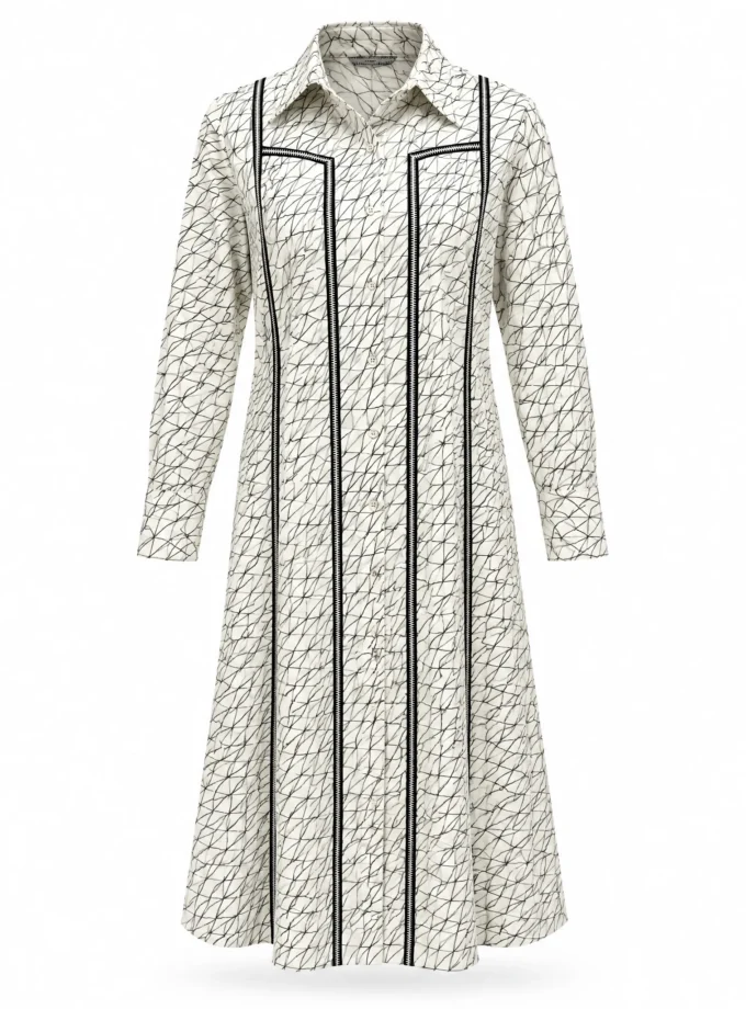 Butter geo print cotton pleated front midi dress with black lace edging shown alone on an invisible mannequin