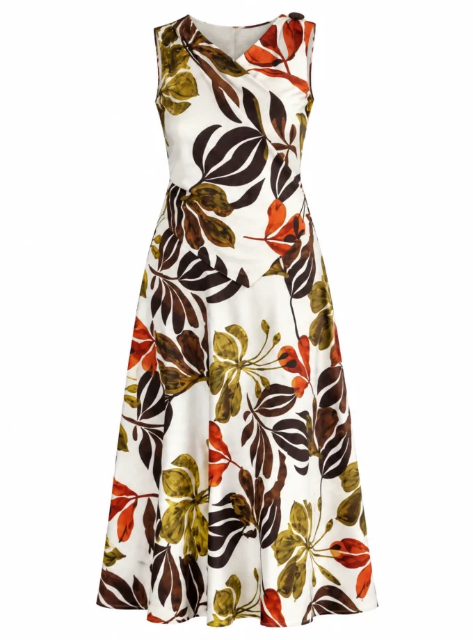 Calm brawn print glaze cotton A line dress with a yoke cutout shown alone on an invisible mannequin