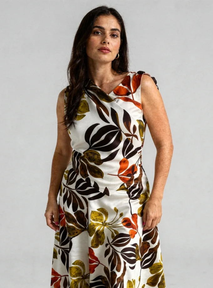Calm — model wearing the brawn print glaze cotton A line dress with a yoke cutout