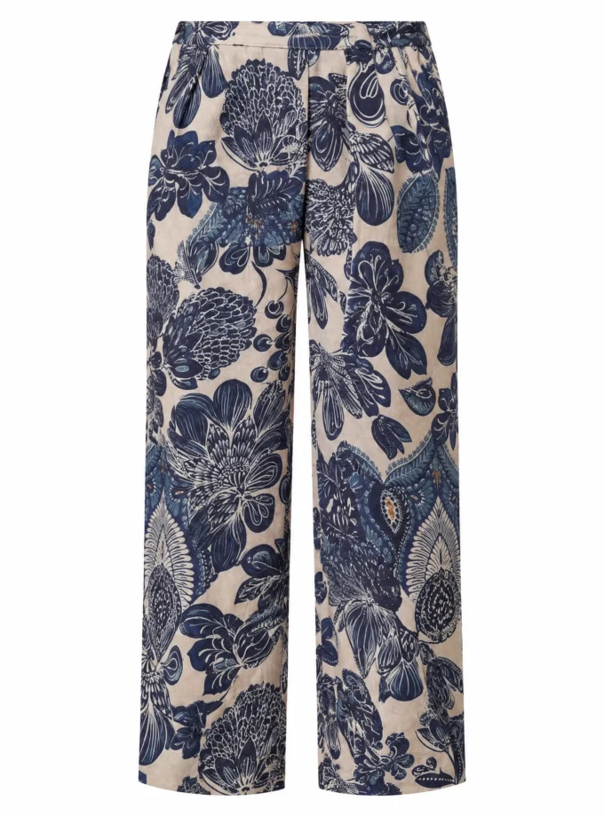 Canvas blue plece print glaze cotton straight fit pant shown alone on an invisible mannequin